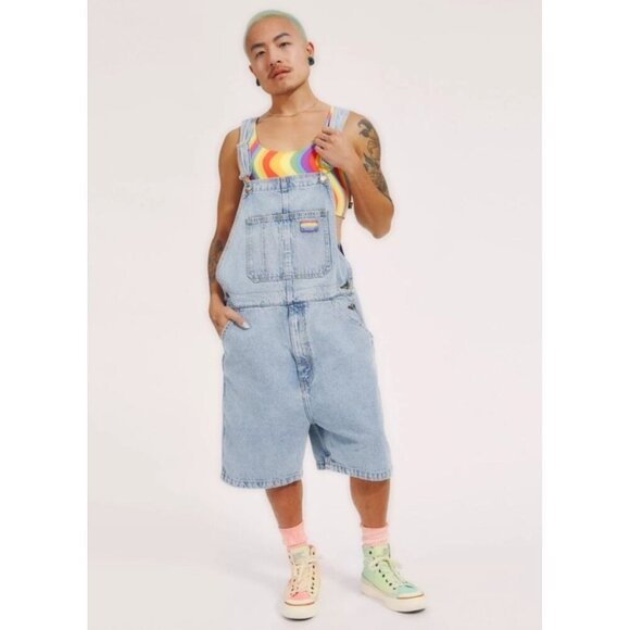 Levi's Pride Liberation Womens Bib Overalls Shortalls Romper Denim Blue Sz L - Picture 2 of 16